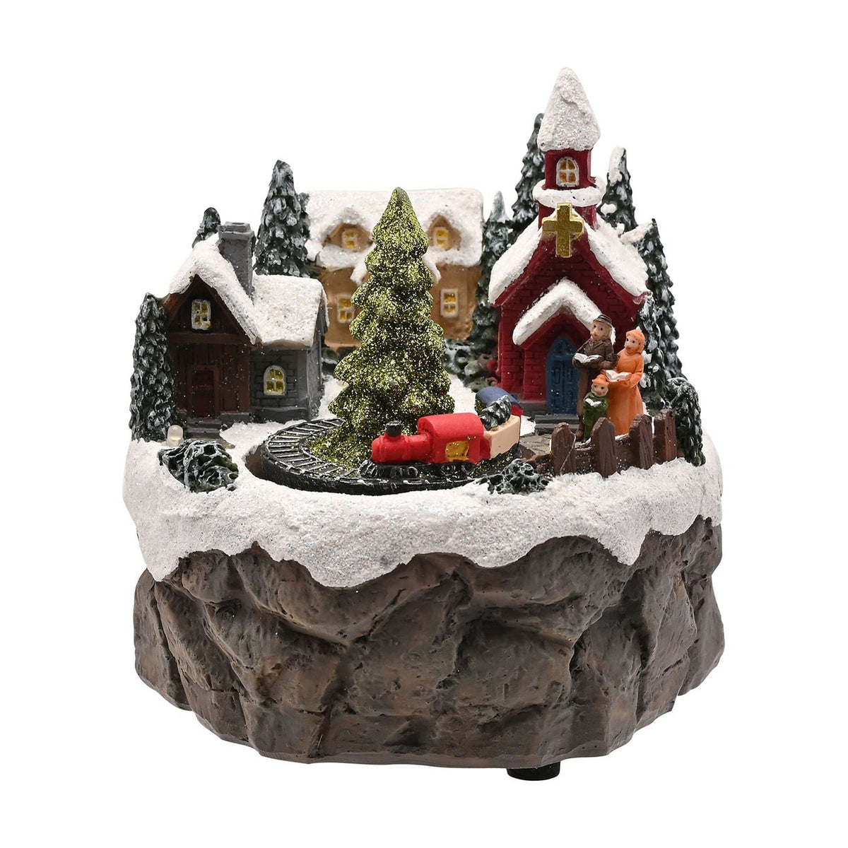 Church Scene Rotating Train Light-Up Decoration - Grey & White