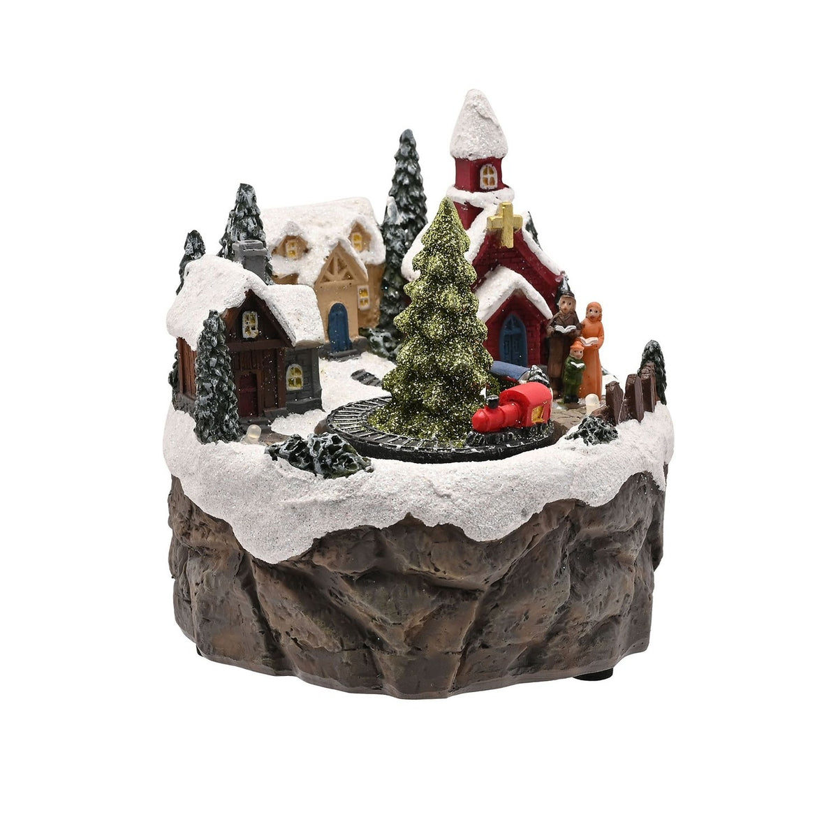 Church Scene Rotating Train Light-Up Decoration - Grey & White
