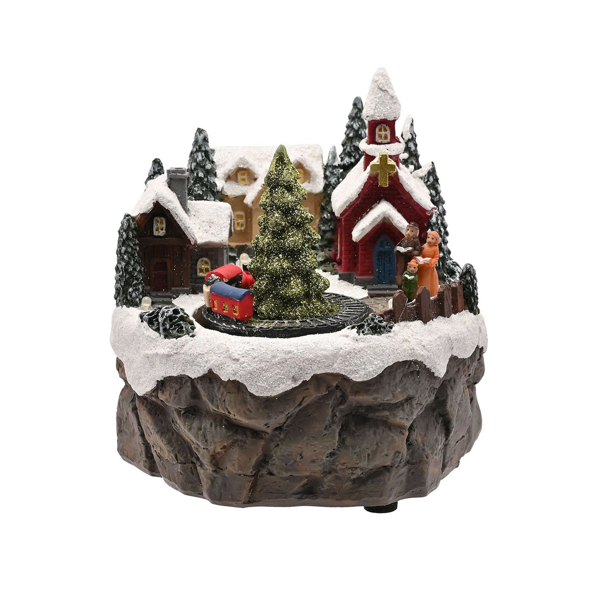Church Scene Rotating Train Light-Up Decoration - Grey & White