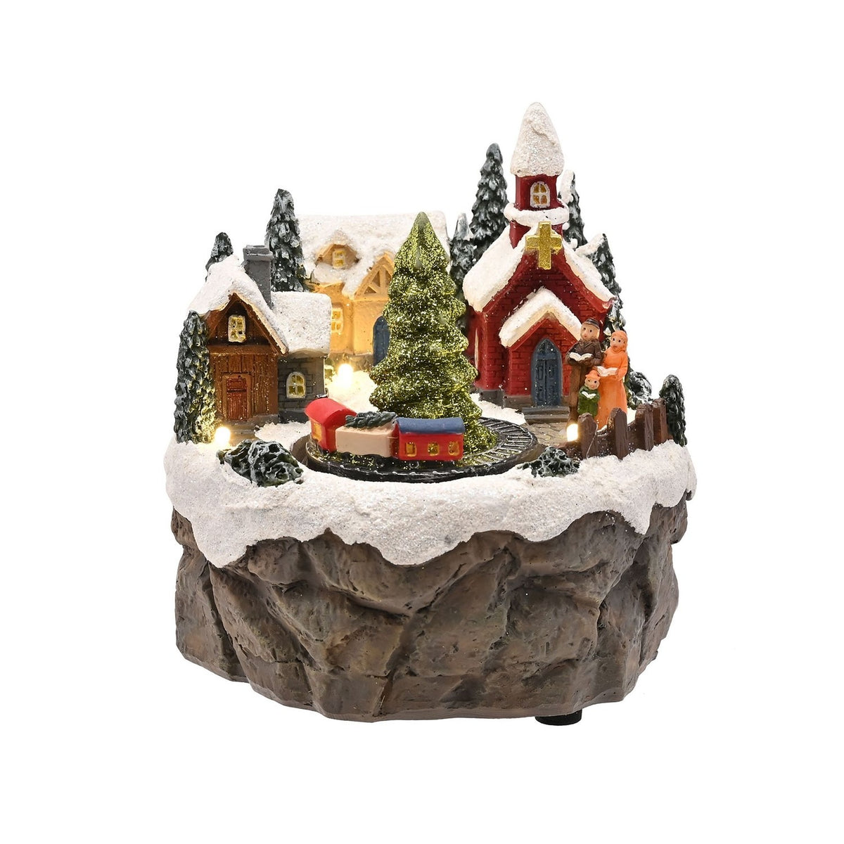 Church Scene Rotating Train Light-Up Decoration - Grey & White