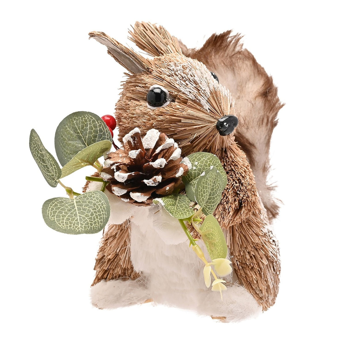 Straw squirrel ornament, 10.5 x 19.5cm, with brown bristled body, white belly, bushy tail, black eyes and nose, holding a frosted pine cone and green leaf sprig, on a plain white background.