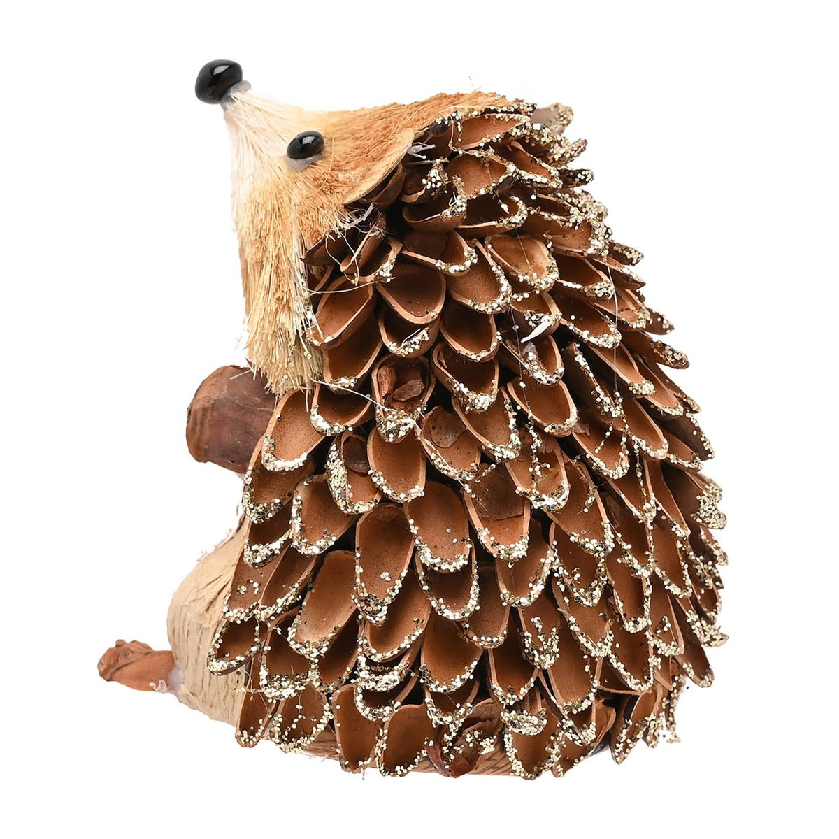 Straw hedgehog ornament with a pine-cone textured back featuring glitter-edged spines, straw bristled face, black nose and eyes, shown on a plain white background.