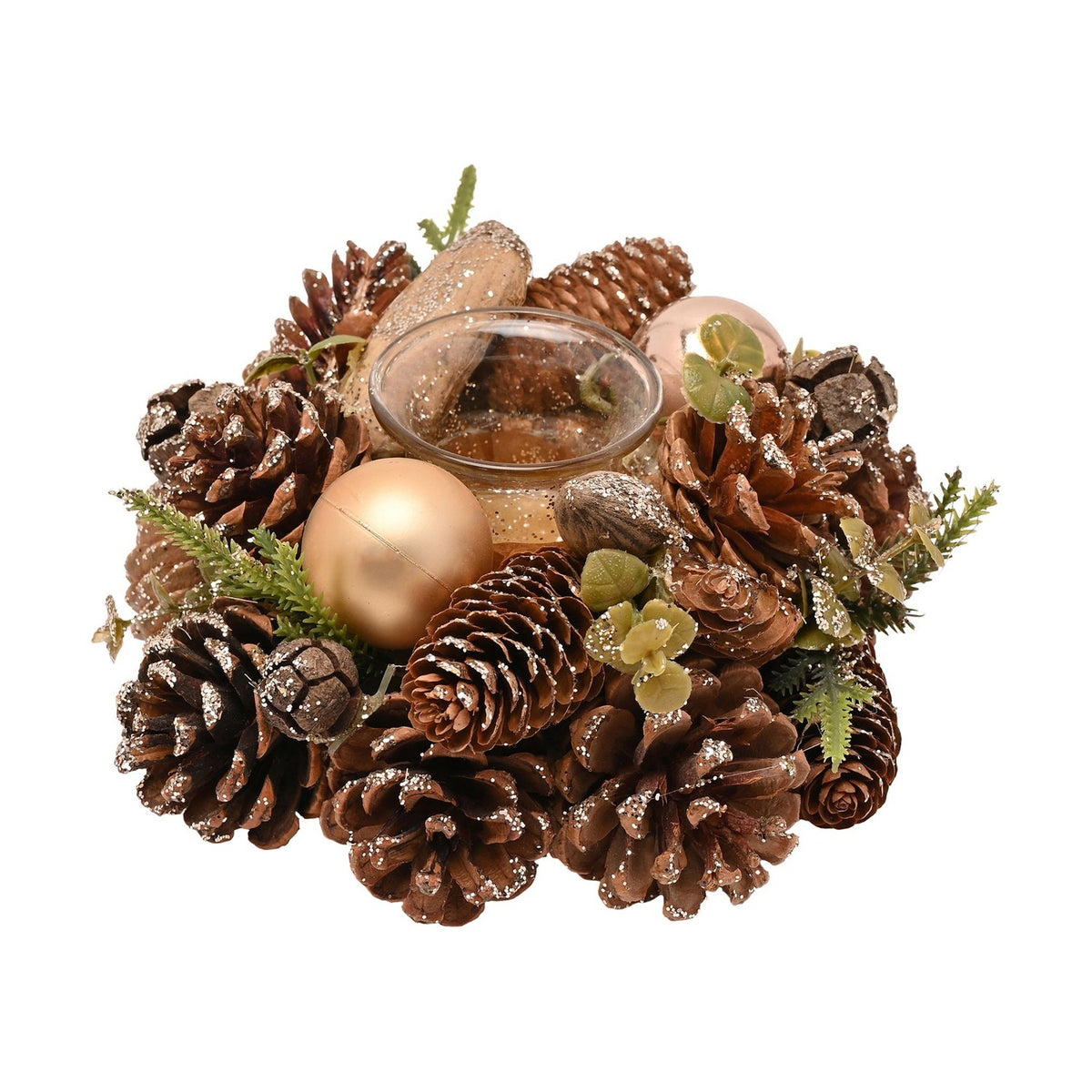 Gold Glitter Pinecone Candle Holder with 1 Glass - Brown & Green