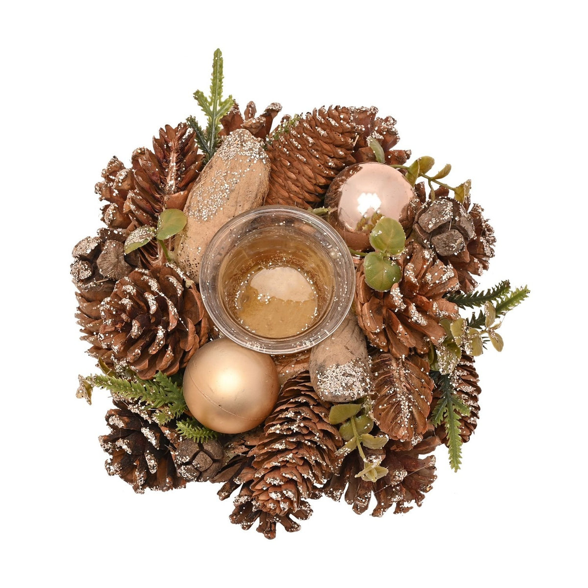 Gold Glitter Pinecone Candle Holder with 1 Glass - Brown & Green