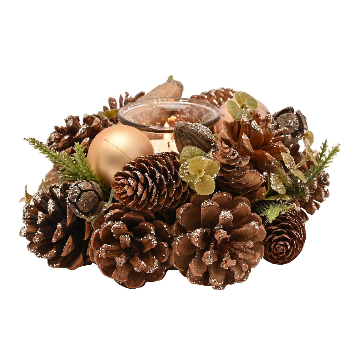 Gold Glitter Pinecone Candle Holder with 1 Glass - Brown & Green