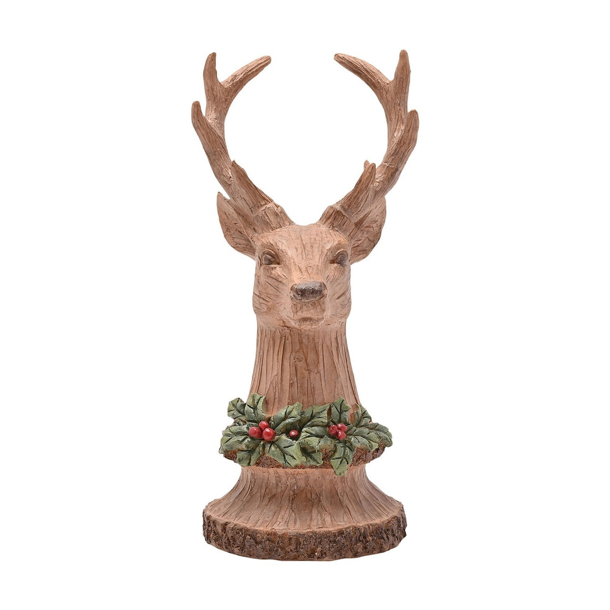 Carved Wood Effect Reindeer Bust Figurine with Holly - Brown