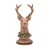 Carved Wood Effect Reindeer Bust Figurine with Holly - Brown