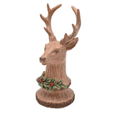 Carved Wood Effect Reindeer Bust Figurine with Holly - Brown