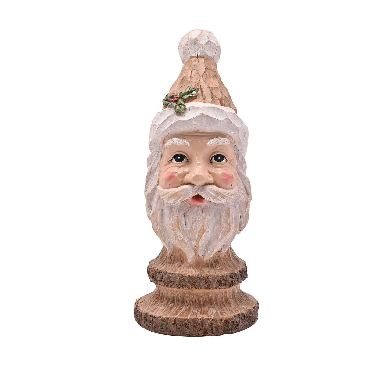 Wood Effect Santa Claus Bust Figurine with Holly in brown resin, featuring a pointed hat with white pompom and brim, rosy cheeks, flowing beard, set on a plain white background.