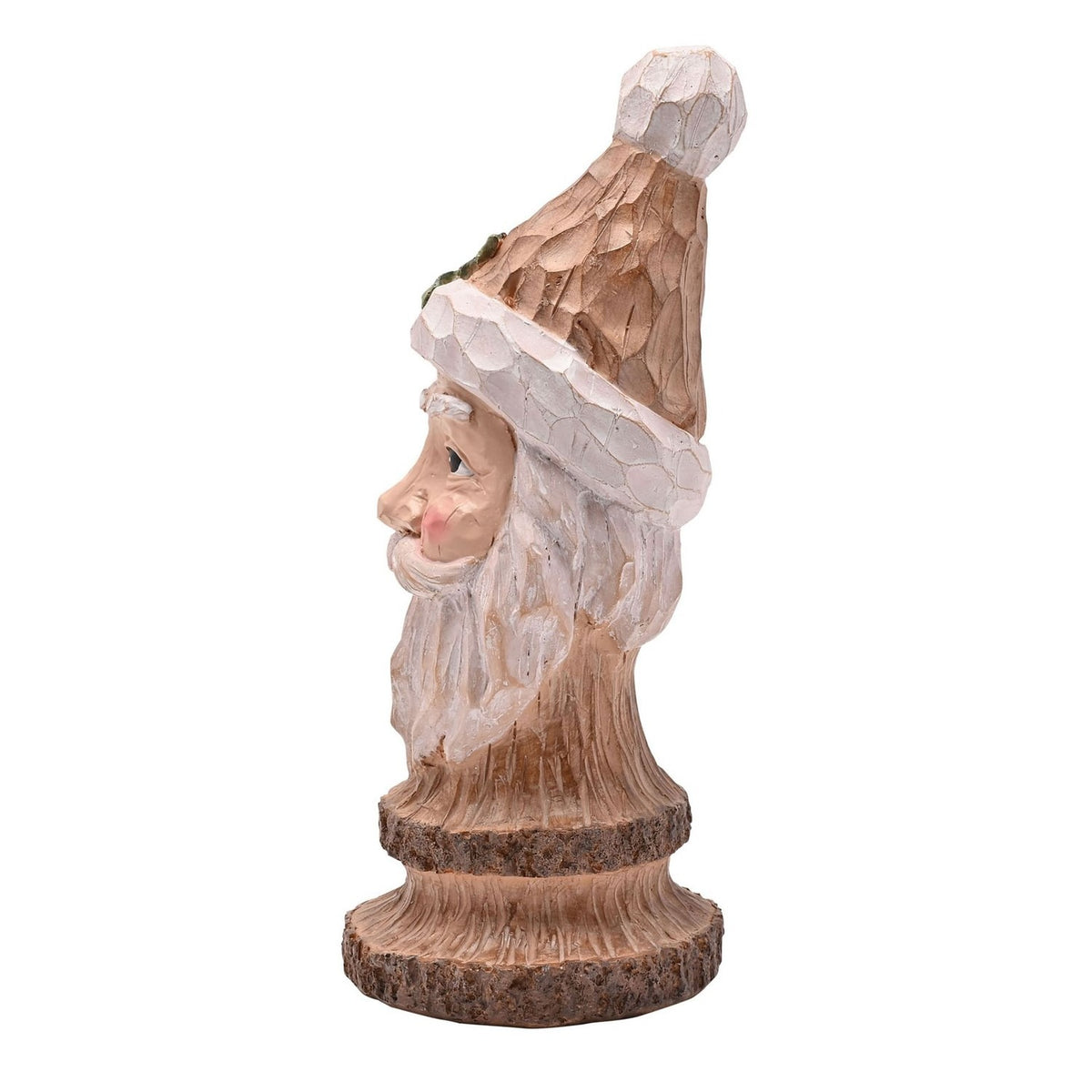 Side profile of the brown resin Wood Effect Santa Claus Bust Figurine, featuring a pointed hat with pompom, holly sprig, rosy cheeks, and flowing beard on a round base.
