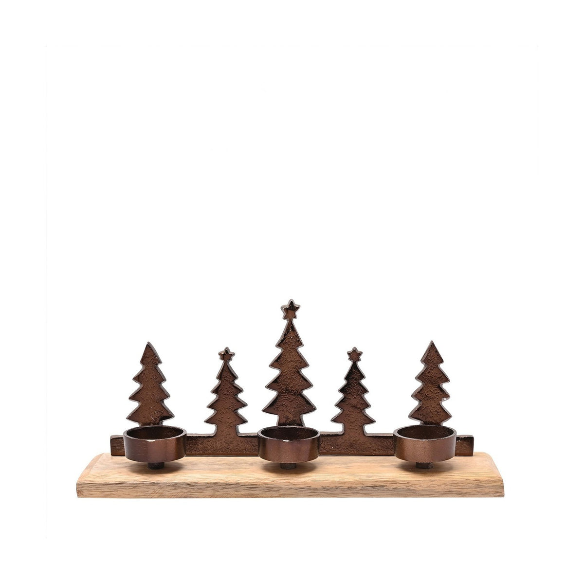 Bronze metal Christmas Tree Triple Tealight Candle Holder with five tree silhouettes on a wooden base, three tealight cups at the front, set against a plain white background.