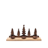 Bronze metal Christmas Tree Triple Tealight Candle Holder with five tree silhouettes on a wooden base, three tealight cups at the front, set against a plain white background.