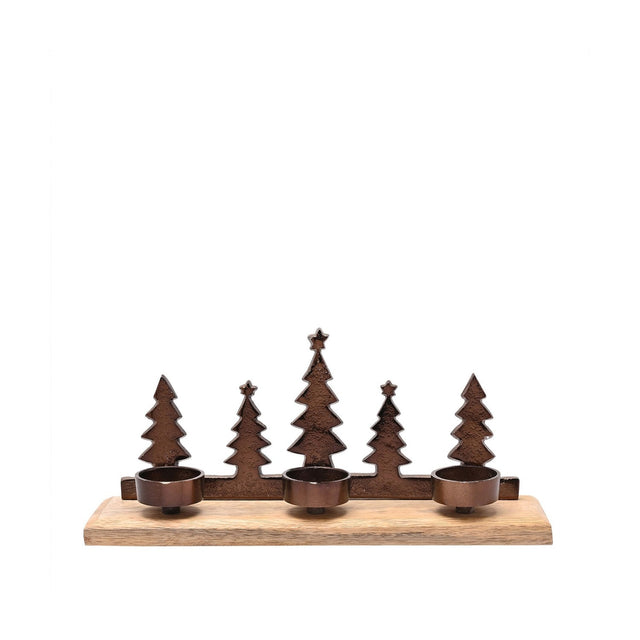 Bronze metal Christmas Tree Triple Tealight Candle Holder with five tree silhouettes on a wooden base, three tealight cups at the front, set against a plain white background.
