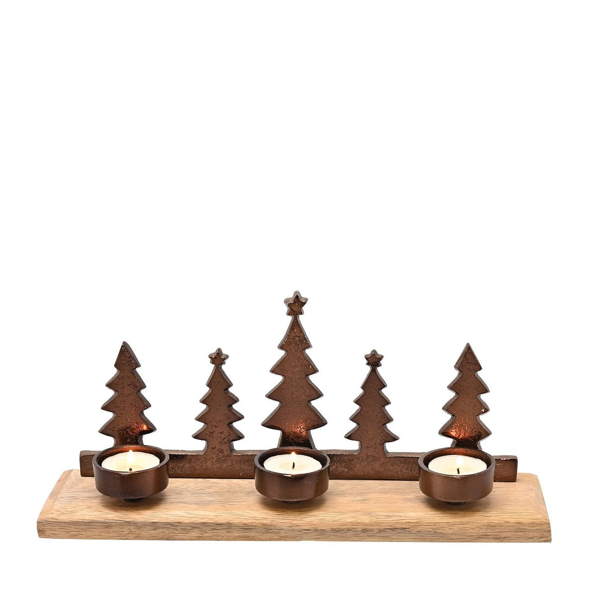 Bronze Christmas Tree Triple Tealight Candle Holder with five star-topped tree silhouettes on a wooden base, holding three lit tealights, shown on a white background.