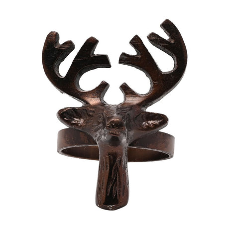 Bronze metal napkin ring with a stag head and wide antlers above a plain band, textured facial detail, shown on a white background.