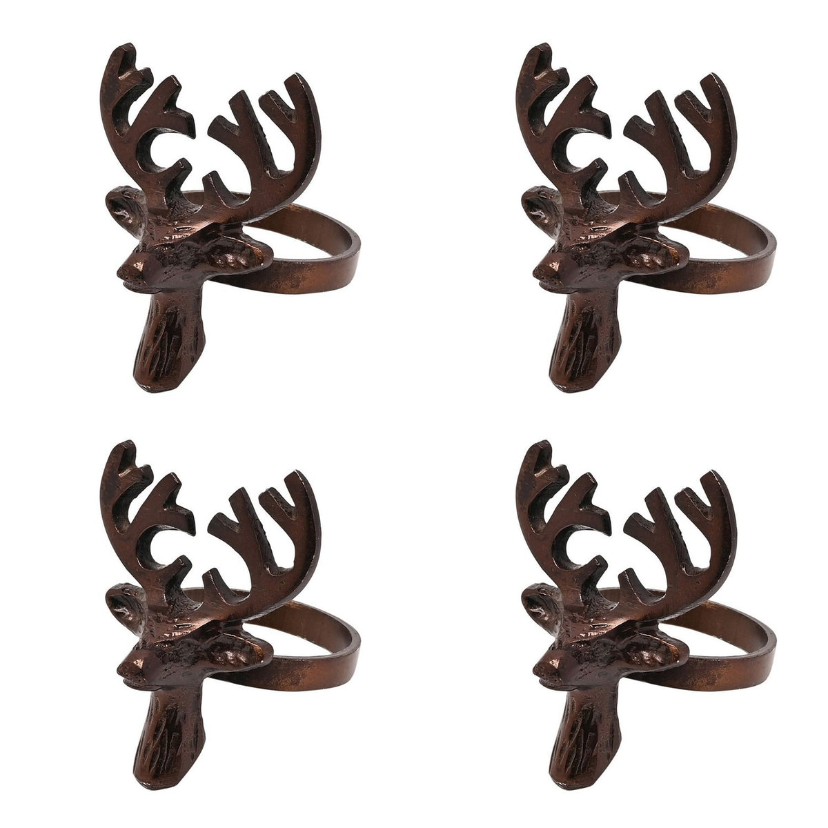 Set of 4 Christmas Stag Head Metal Napkin Rings - Bronze
