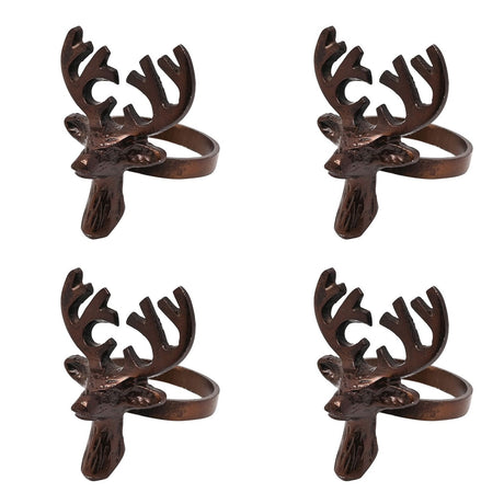 Set of 4 bronze metal napkin rings featuring stag heads with antlers above plain bands, arranged in a grid on a white background.