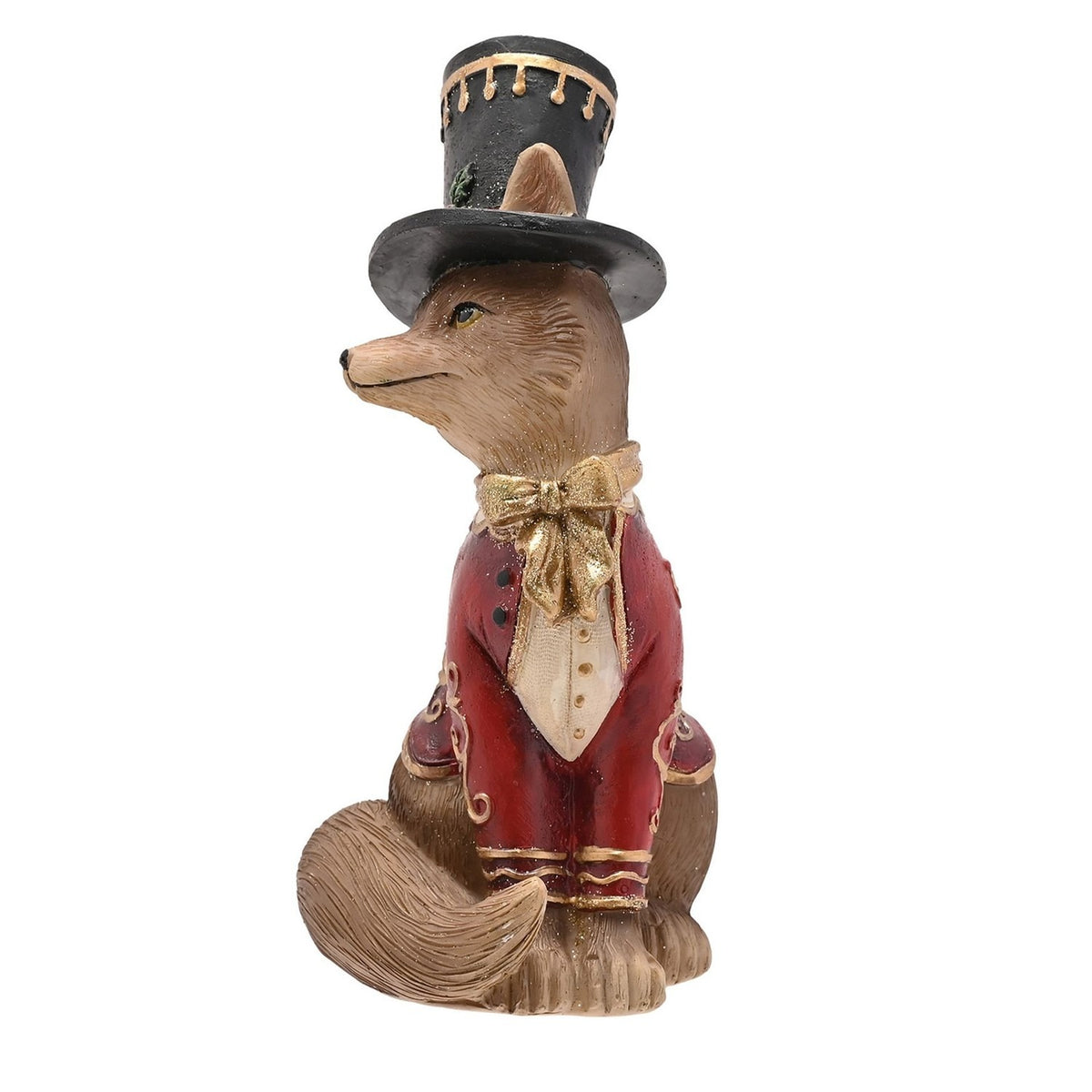 Christmas Fox in Top Hat and Bow Tie Resin Figurine - Red