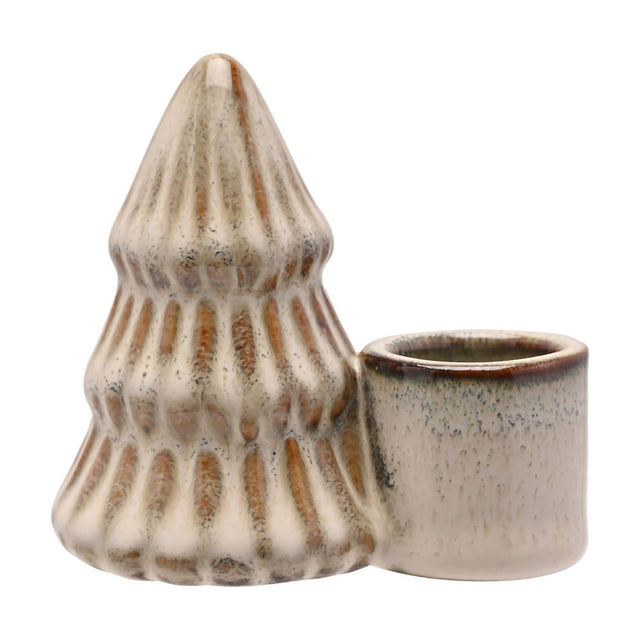 Tiered Ribbed Christmas Tree ceramic candle holder in white, with a speckled glaze and caramel tones settling into the ribbed grooves, joined beside a round candle cup on a plain white background.
