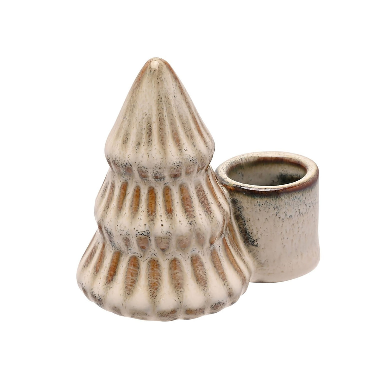 Ceramic candle holder shaped as a ribbed three-tiered Christmas tree beside a round candle cup, white glaze with caramel tones in the grooves, on a plain white background.