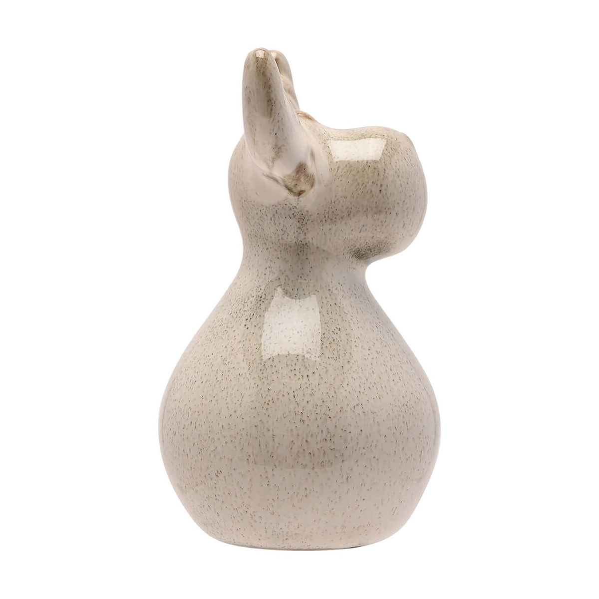 Speckled Glaze Ceramic Reindeer Decoration, 10.9cm, with a rounded pear-like body, short knobbly antlers and glossy white speckled glaze, shown against a plain white background.