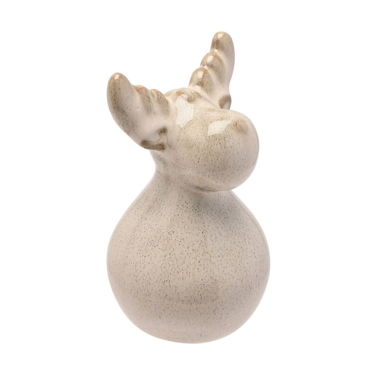 Speckled glaze ceramic reindeer decoration, 10.9cm, with a round pear-shaped body, rounded head, and knobbly antlers in white with taupe-tipped detailing, shown on a plain white background.