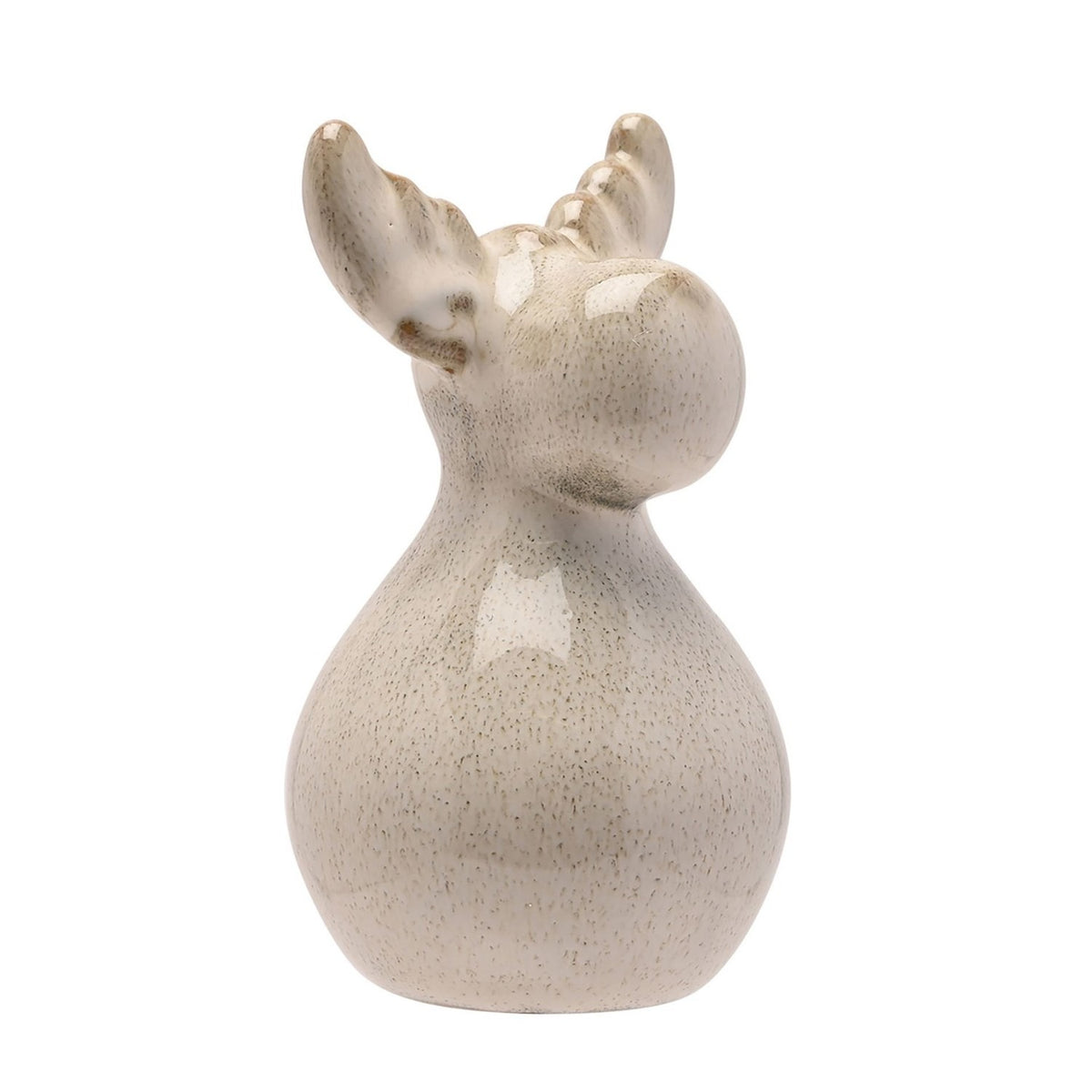 Speckled Glaze Ceramic Reindeer Decoration, 10.9cm, with a rounded pear-shaped body, glossy white speckled finish and taupe-tipped antlers, shown on a plain white background.