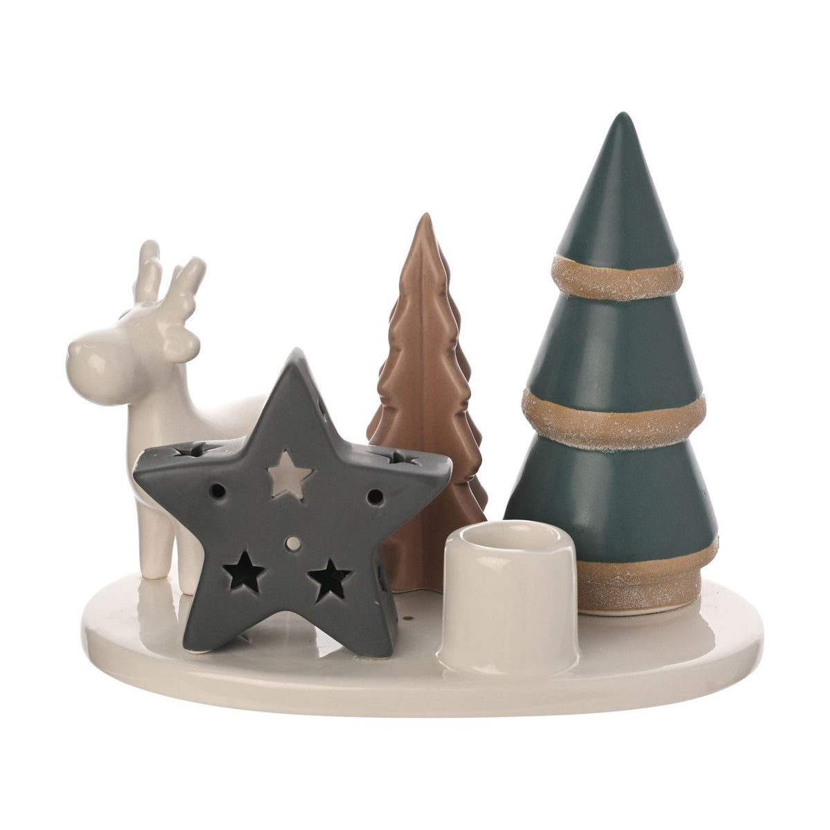 Woodland Reindeer and Star Oval Ceramic Candle Tray - White