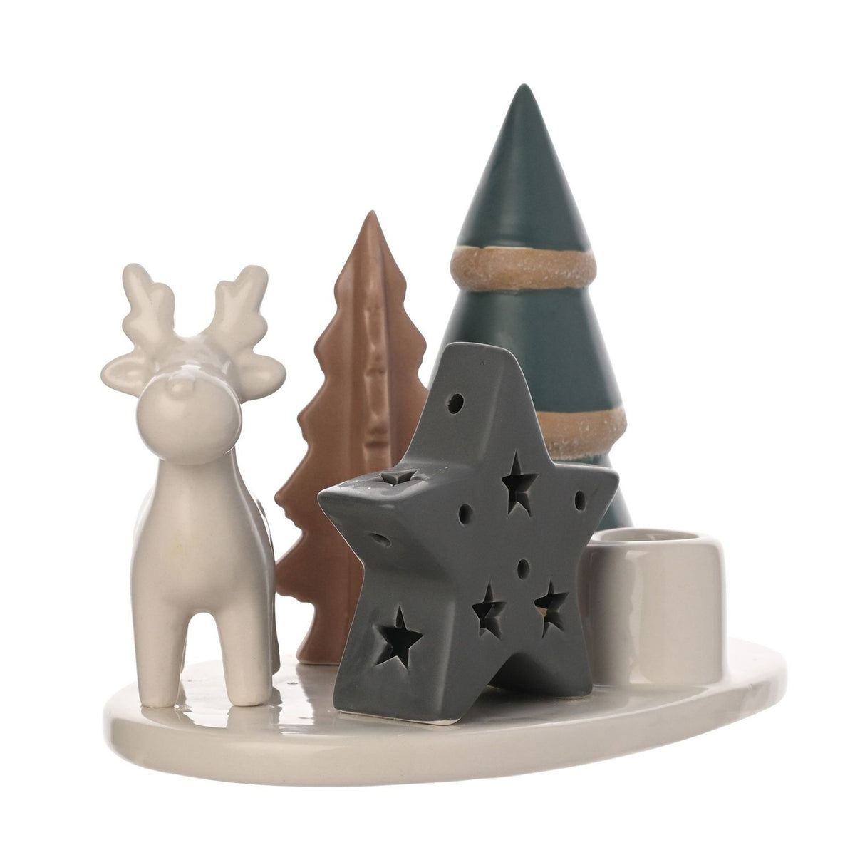 Woodland Reindeer and Star Oval Ceramic Candle Tray - White
