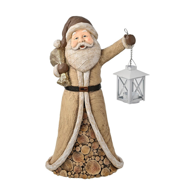 Wood effect Santa candle holder, 44.5cm, in a brown wood-grain coat with cream trim, holding a white iron lantern and gold sack, on a plain white background.
