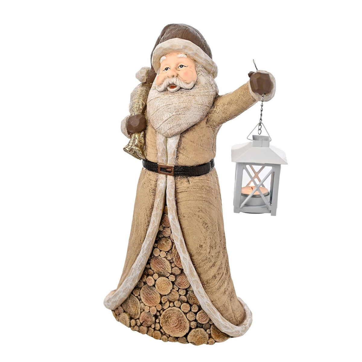 Wood effect Santa candle holder, 44.5cm, in brown coat with cream trim, holding a white iron lantern with tealight, on a plain white background.