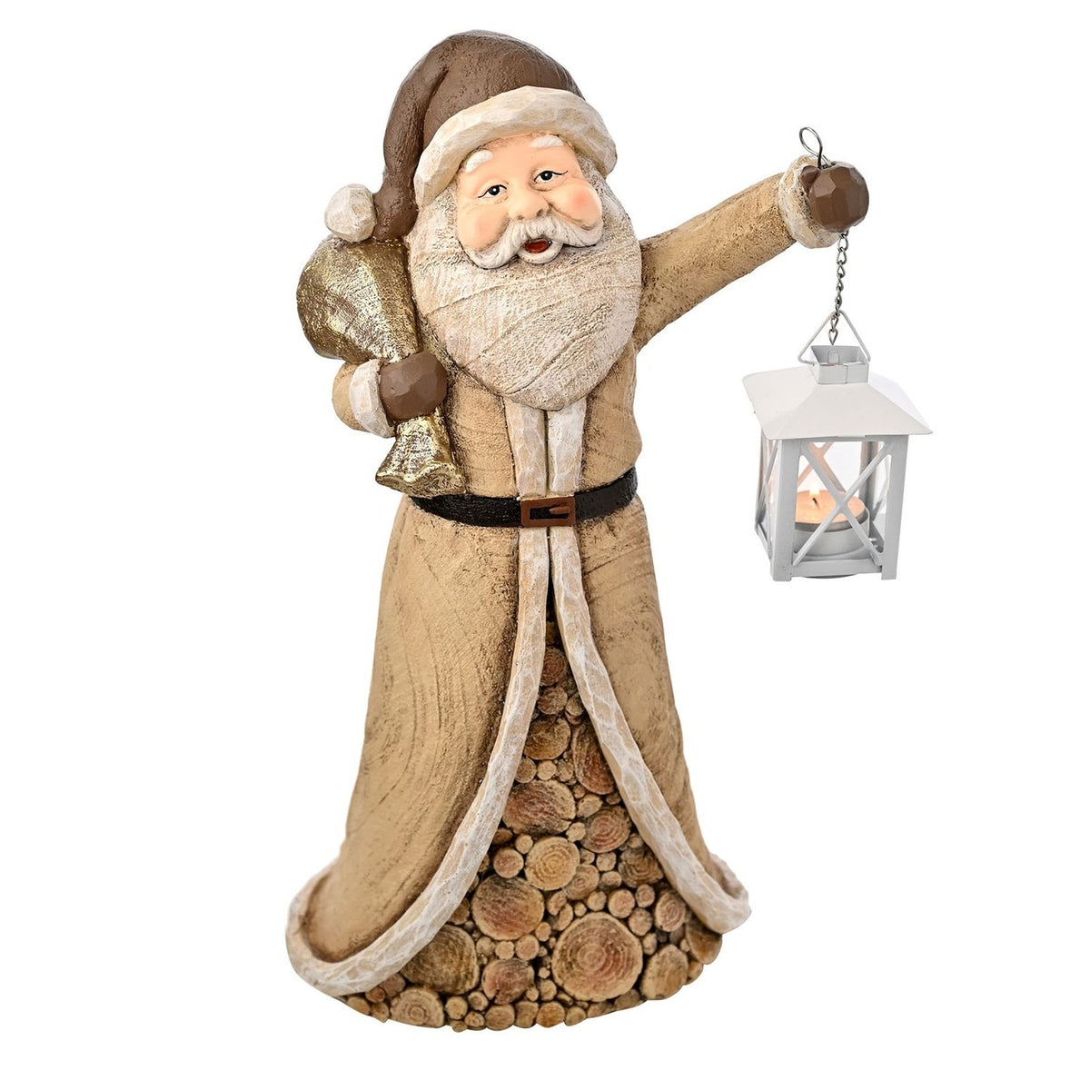 Wood effect Santa candle holder, 44.5cm, in a brown wood-grain coat with cream trim, holding a gold sack and a white iron lantern, on a plain white background.