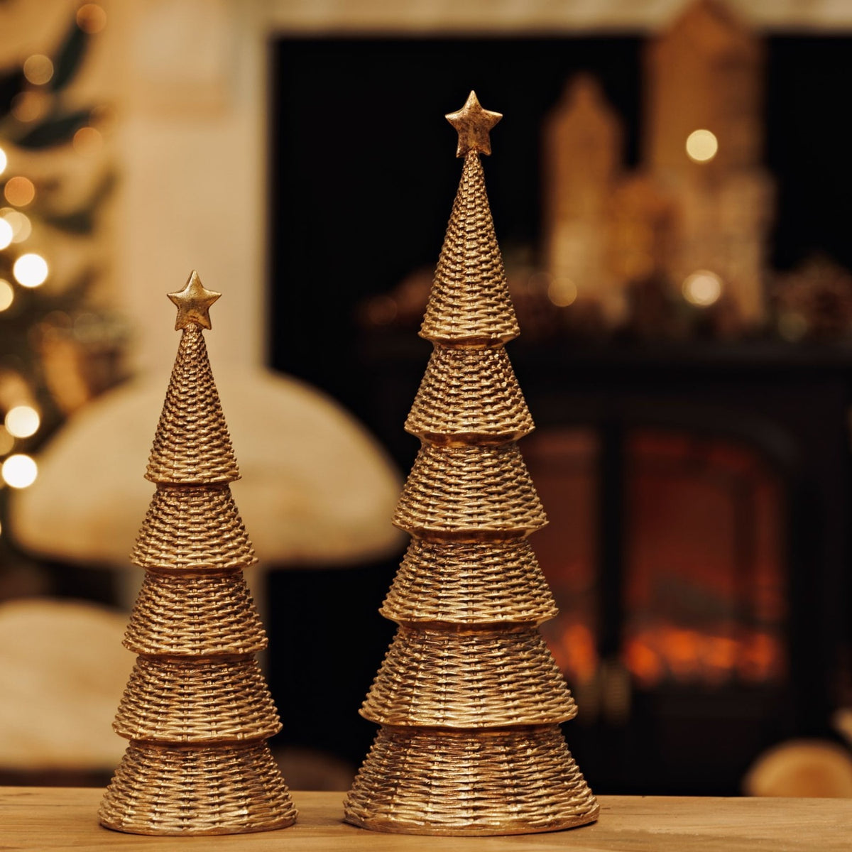 Rattan Effect Resin Christmas Tree Ornament with Star - Gold