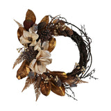 Faux Magnolia Iron Semi Wreath, 40cm, with cream magnolia blooms, bronze and burgundy leaves, pinecones and bare twig branches on one side, shown on a white background.