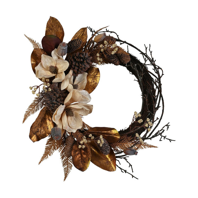 Faux Magnolia Iron Semi Wreath, 40cm, with cream magnolia blooms, bronze and burgundy leaves, pinecones and bare twig branches on one side, shown on a white background.