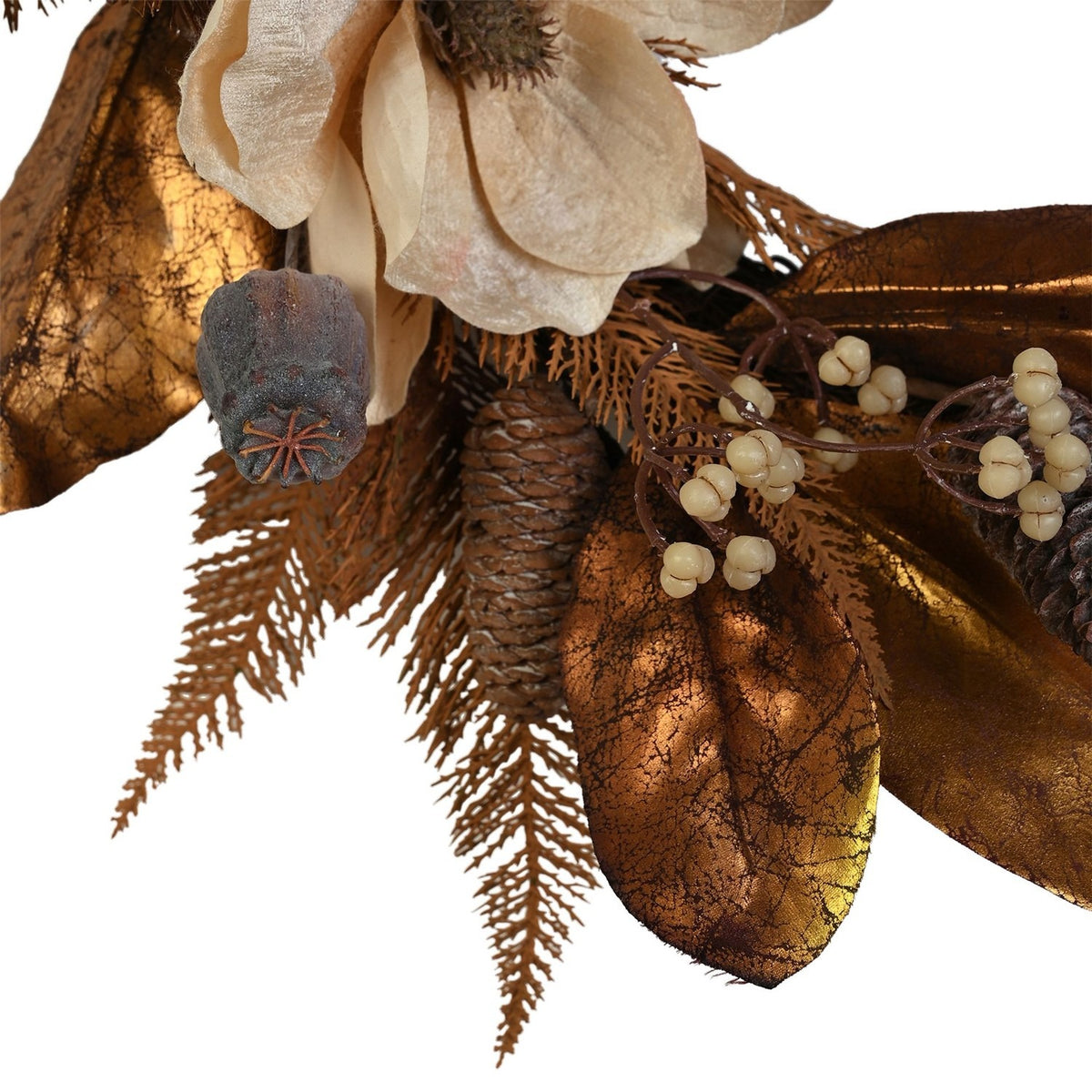 Close-up of the Faux Magnolia Iron Semi Wreath with Pinecone, showing cream magnolia blooms, bronze foliage, pinecones, seed pods, and cream berry clusters on a white background.