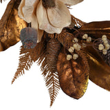 Close-up of the Faux Magnolia Iron Semi Wreath with Pinecone, showing cream magnolia blooms, bronze foliage, pinecones, seed pods, and cream berry clusters on a white background.