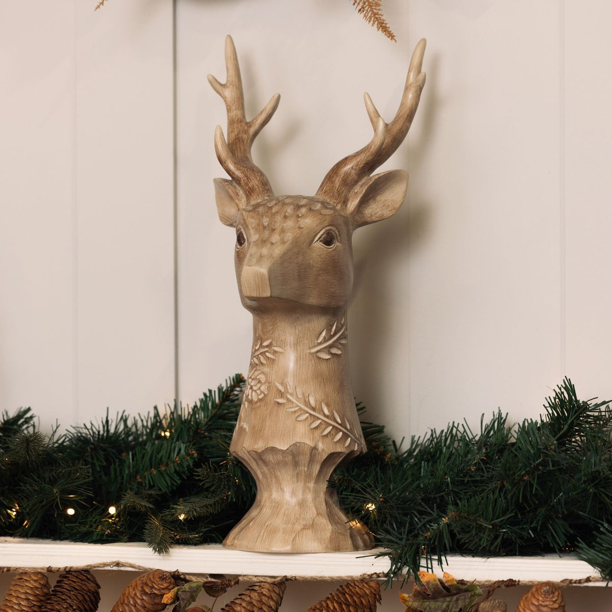 Resin Wood Effect Floral Stag Bust Figurine 45cm - Brown