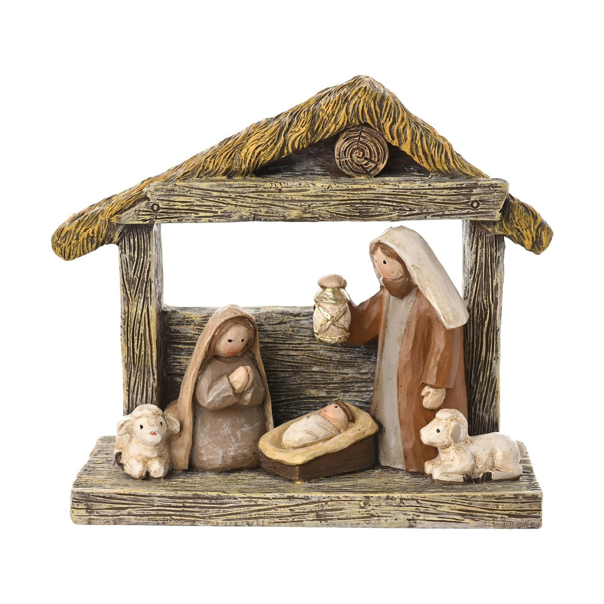 Holy Family Nativity Scene Figurine with Two Lambs - Brown