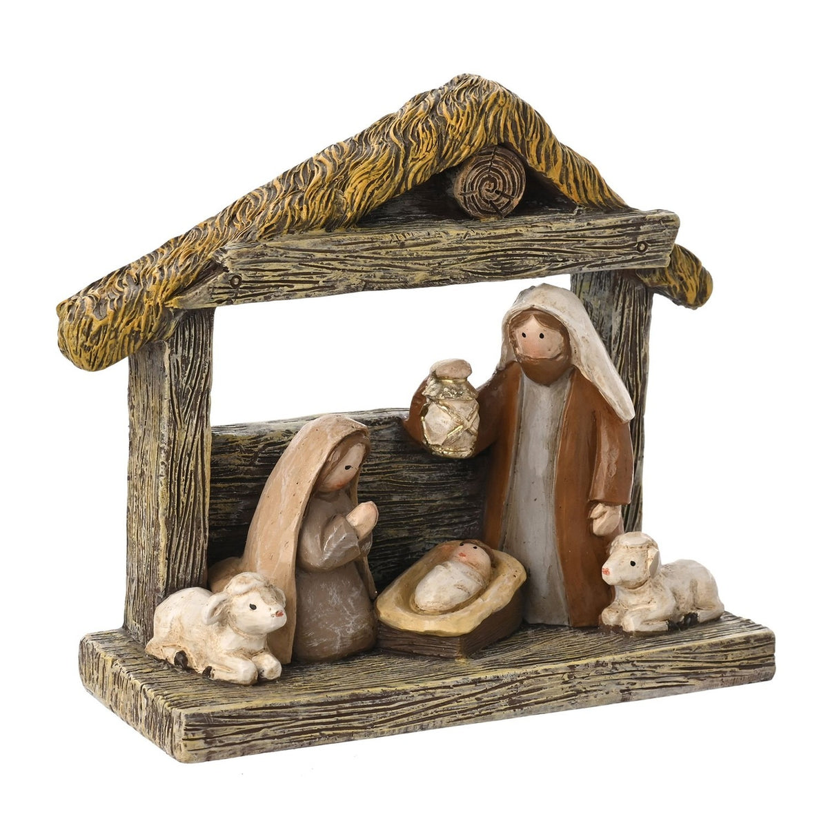 Holy Family Nativity Scene Figurine with Two Lambs - Brown