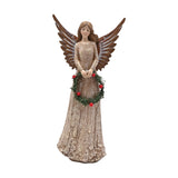 Standing Angel Resin Figurine with Christmas Wreath - Brown
