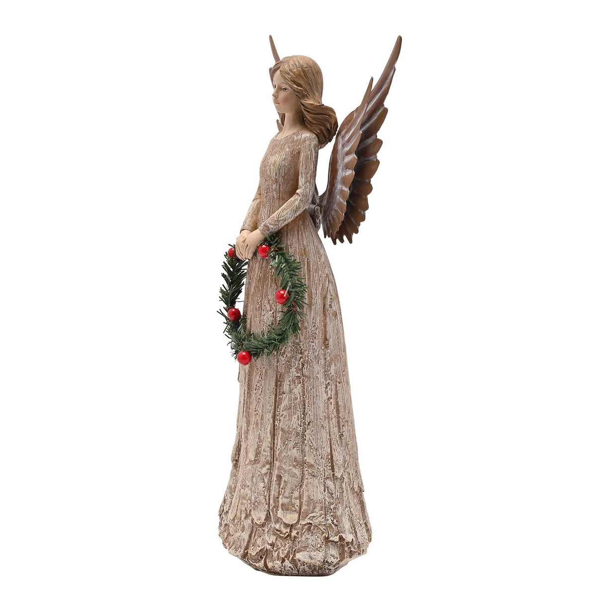 Standing Angel Resin Figurine with Christmas Wreath - Brown