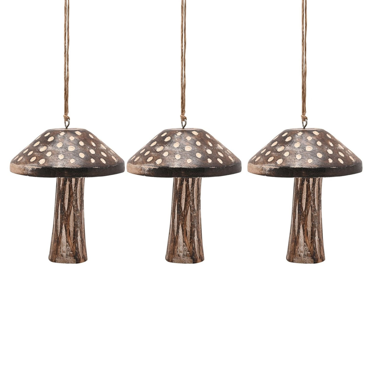 Set of 3 Large Wooden Mushroom Christmas Tree Decorations - Brown