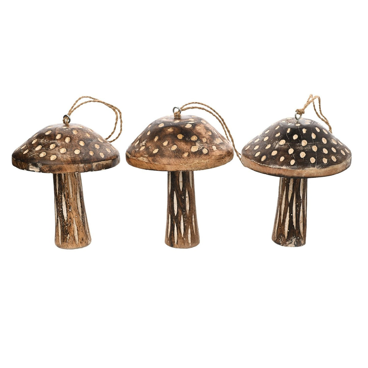 Set of 3 Large Wooden Mushroom Christmas Tree Decorations - Brown