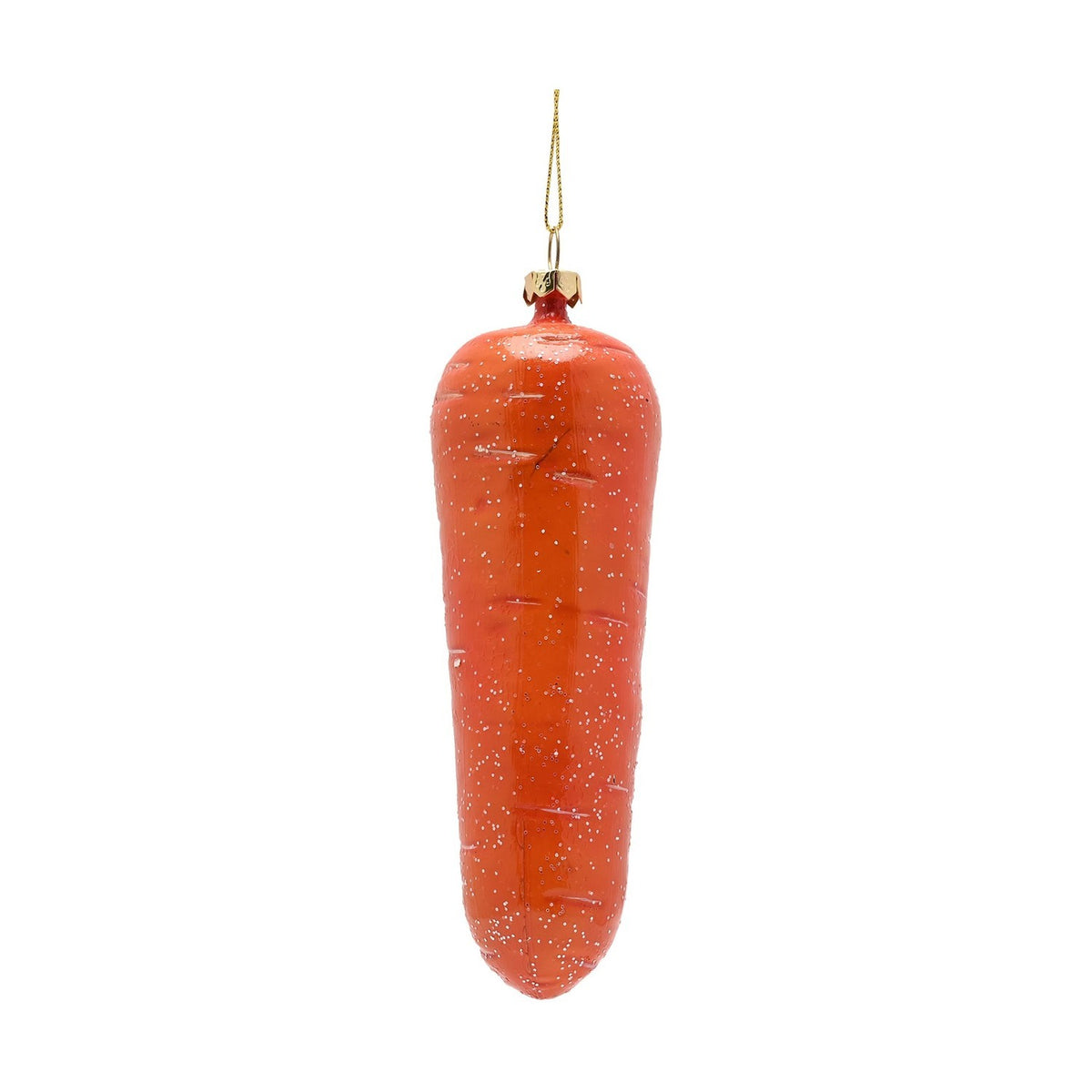 Big glitter carrot hanging Christmas tree decoration in bright orange with ridged texture and a gold cap, shown on a gold cord against a plain white background.