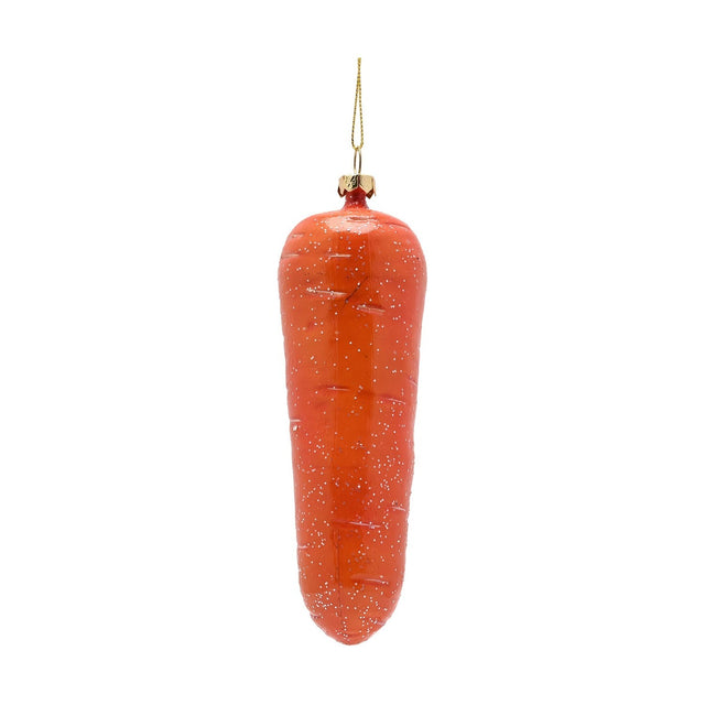 Big glitter carrot hanging Christmas tree decoration in bright orange with ridged texture and a gold cap, shown on a gold cord against a plain white background.