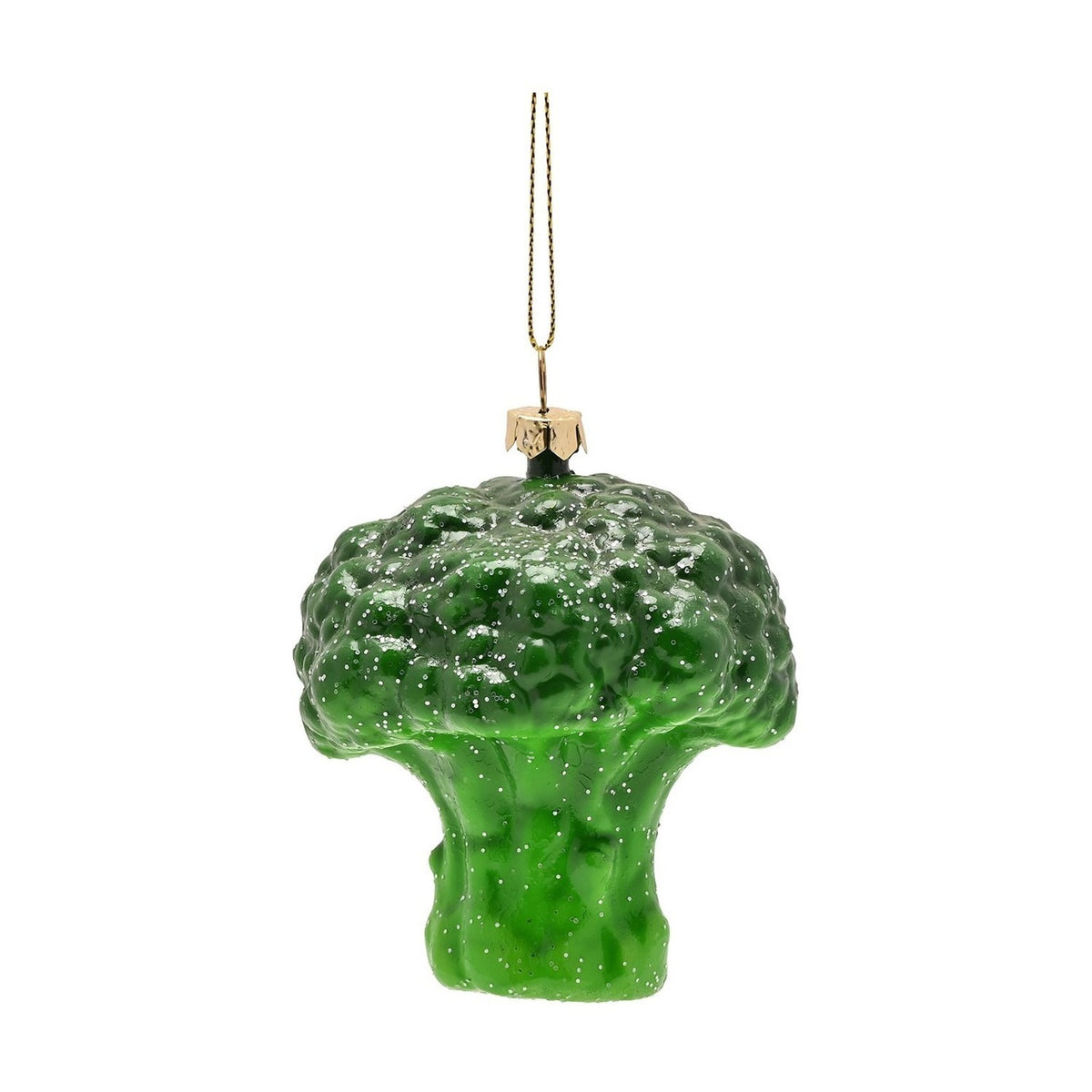 Glitter Broccoli Hanging Christmas Tree Decoration in bright green with a glossy, bumpy crown, gold cap, and cord hanger, shown against a plain white background.
