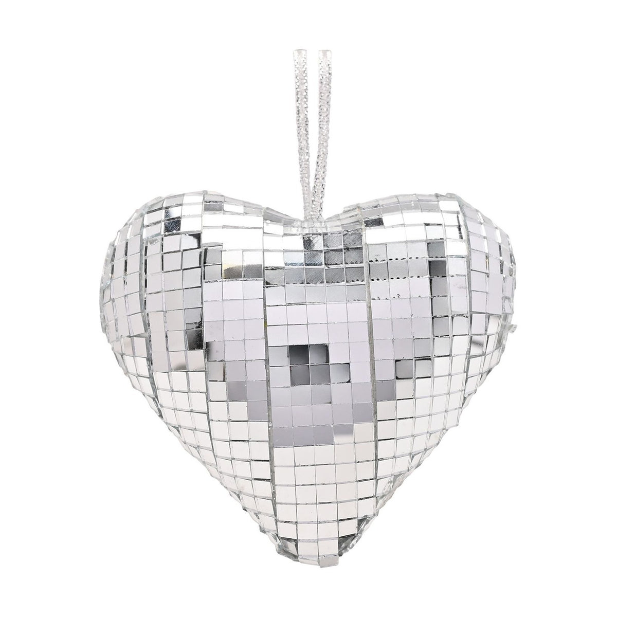Set of 3 Disco Heart Glass Christmas Tree Decorations - Silver