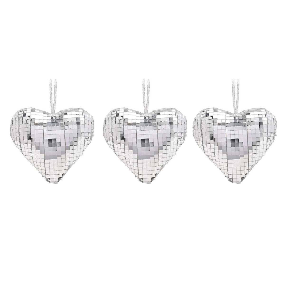 Set of 3 Disco Heart Glass Christmas Tree Decorations - Silver