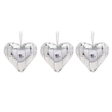 Set of 3 Disco Heart Glass Christmas Tree Decorations - Silver